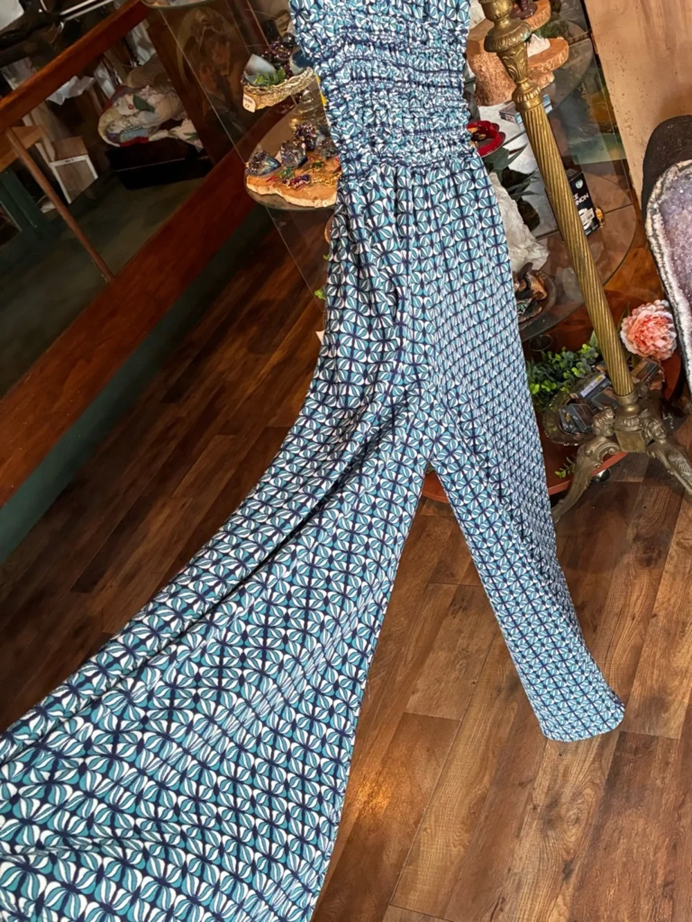 Blue Geometric Jumpsuit with Smocked Waist and pockets! - Picture 5 of 7